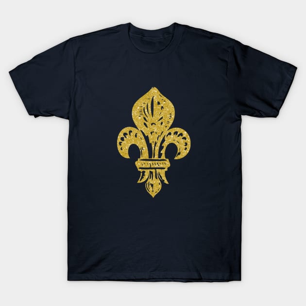 Lily Flower - fleur-de-lis in Gold and Navy Background T-Shirt by Star58